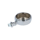 Side view of chrome E61 portafilter body showing straight spout and threaded female opening