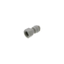 DM Fit 1/4 inch flare to 3/8 inch push-in hose connector with hexagonal plastic body and UNF thread