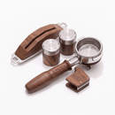 La Marzocco Linea Mini walnut wood customization kit with engraved MINI caps and portafilter handle