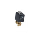 Rear view of ASCO solenoid valve showing electrical prongs and flow arrow