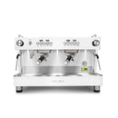 Front view of white Ascaso Barista T One 2-group auto volumetric espresso machine with digital controls