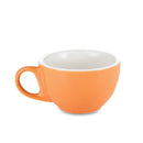 Three-quarter view of glossy orange cappuccino cup