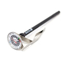 Angled view of Barista Basics thermometer with F/C scales, color-coded zones, and metal clip base