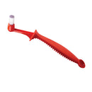 Urnex red dual-purpose espresso group head cleaning brush and dosing scoop with white bristles