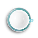Teal Loveramics egg-shaped cappuccino cup and saucer top-down view