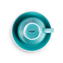 Bottom detail of teal Loveramics porcelain cup showing brand logo and care label