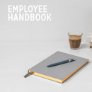 Coffee Shop Employee Handbook by Bellissimo Inc. gray hardcover book with gold-edged pages and dark blue pen