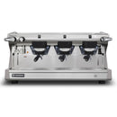 Front view of Rancilio Classe 5 S 3-group espresso machine with black portafilters and pressure gauges