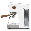 Refurbished white Ascaso Steel DUO espresso machine side profile with wooden portafilter and chrome accents