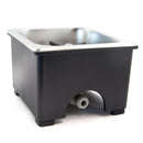 Countertop rinser with black textured exterior base and stainless steel interior