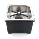 Top view of square stainless steel rinser with central black star-shaped spray arm
