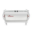 La Marzocco GB5 S front view red emblems polished stainless steel body