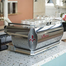 La Marzocco GB5 S close-up red fleur-de-lis shield and terrazzo counter