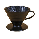 Black Hario V60 ceramic pour-over coffee dripper with conical ridges