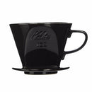 Side profile of Kalita Style 102 black ceramic cone dripper with handle