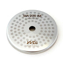 Top-down view of Precision 56.5 mm non-welded group head screen with 200 micron holes and engraved IMS MA 200 IM markings