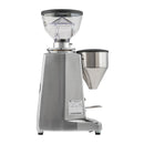 Rear view of Mazzer Lux D polished aluminum grinder displaying Made in Italy specification label and barcode