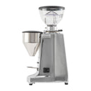 La Marzocco Lux D polished aluminum espresso grinder side view with mechanical moisture adjustment label