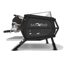 Side detail of Sanremo Café Racer naked espresso machine with exposed chrome portafilter and steam wand