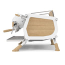 Sanremo Café Racer 2-group espresso machine side view with white body and light wood accents