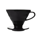 Side view of black Hario V60 02 ceramic coffee dripper showing embossed logo