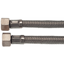 Close-up of braided stainless steel flex line with hexagonal nut fittings
