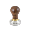 Flat bottom walnut tamper with gold accent ring for espresso