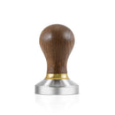 58mm walnut espresso tamper showing ergonomic handle and brushed steel