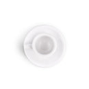 Top view of white Loveramics demitasse cup on matching saucer