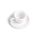 White Loveramics egg-style espresso cup and saucer top-down view