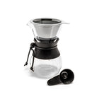 Yama glass coffee dripper set with included black plastic scoop and securing band